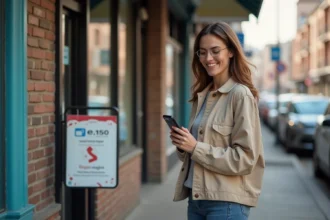 Femme souriante vérifiant son smartphone devant un magasin de quartier