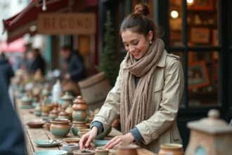 Femme examinant des céramiques vintage au marché en plein air