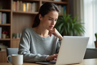 Femme analysant les avis clients d'une boutique en ligne sur son ordinateur portable dans un bureau à domicile