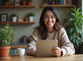 Femme souriante en vidéo chat dans son appartement cosy