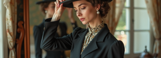 Jeune femme en tailleur vintage ajustant son chapeau à Paris