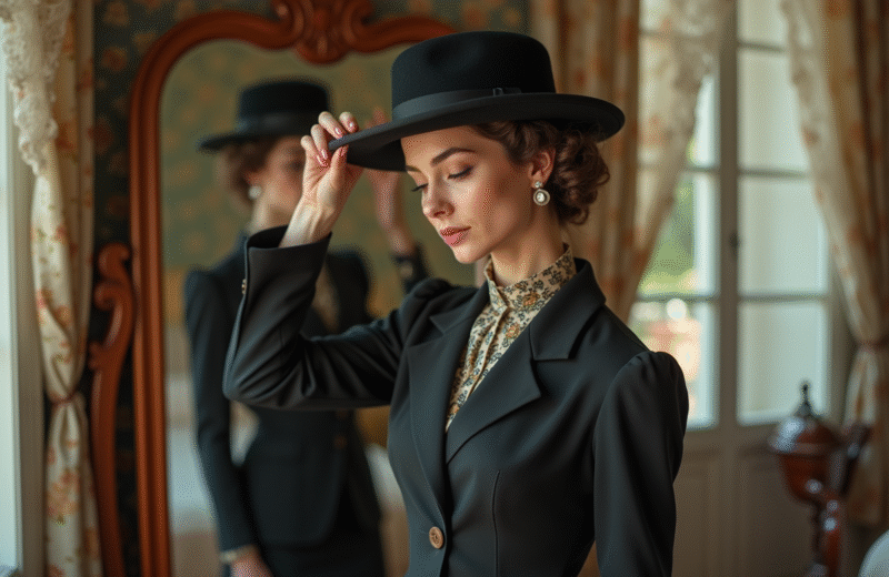 Jeune femme en tailleur vintage ajustant son chapeau à Paris