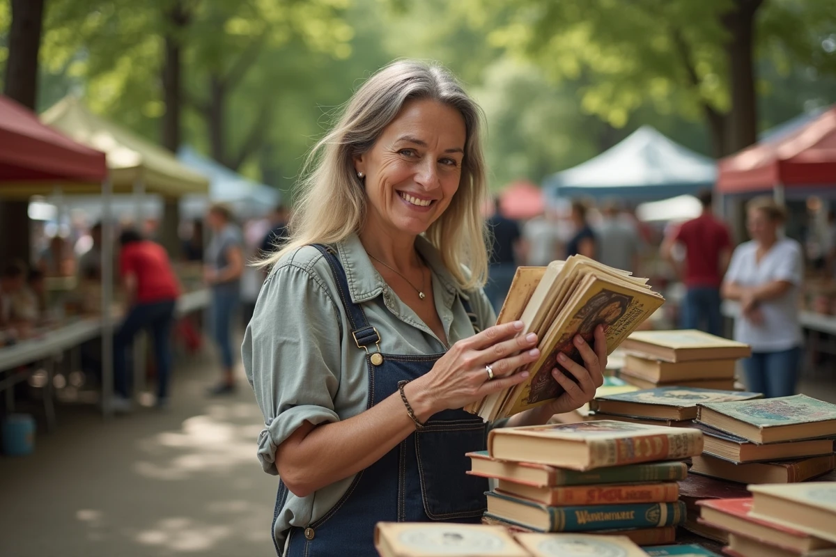 Femme souriante examinant des romans Warhammer au marché aux puces