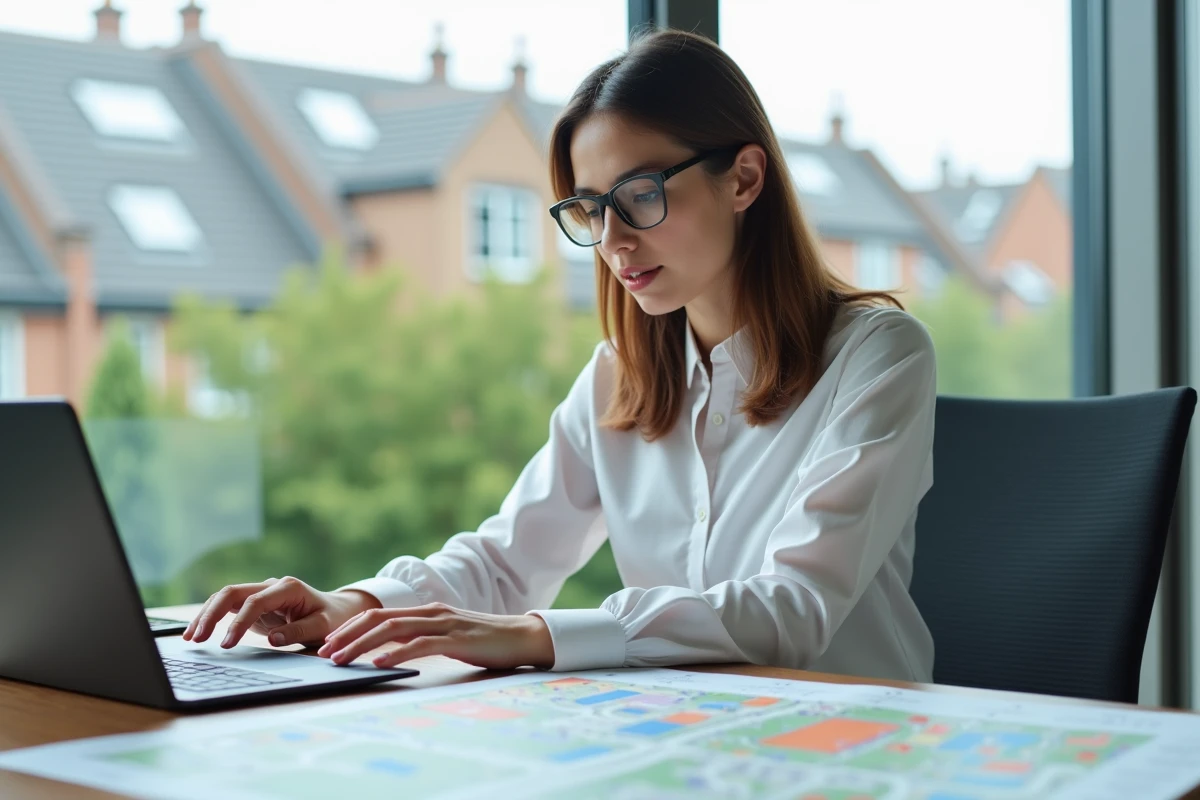 Jeune femme analysant des documents de zonage en bureau