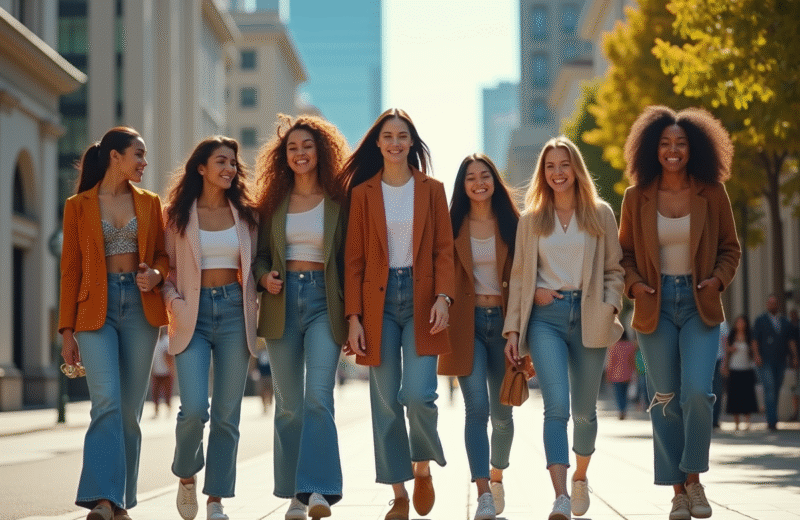 Groupe de femmes diverses marchant en ville avec style