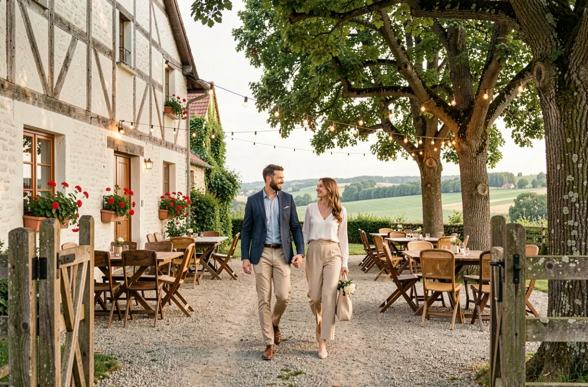 Cour de la Ferme des 3 Suissesses en Alsace avec colombages, géraniums et réception en plein air