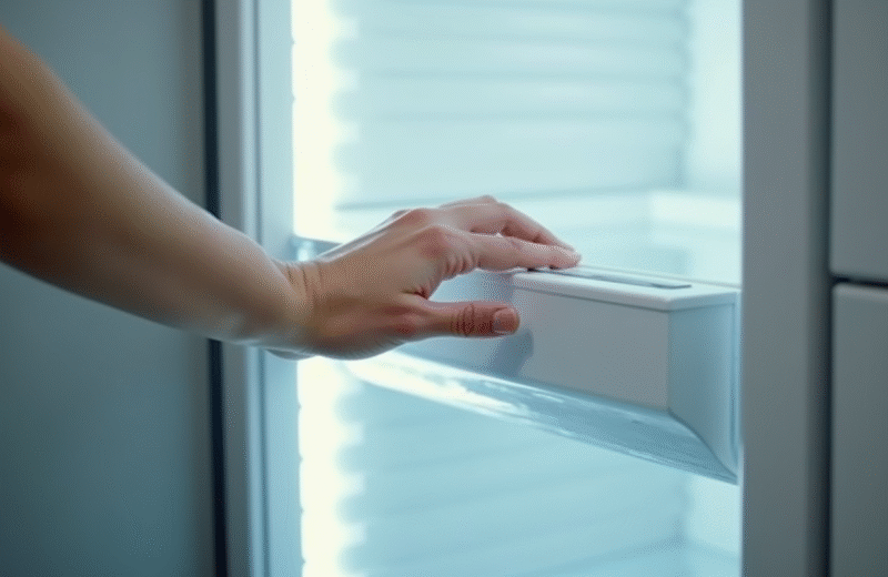 Main ferme la porte d'un congélateur moderne lumineux