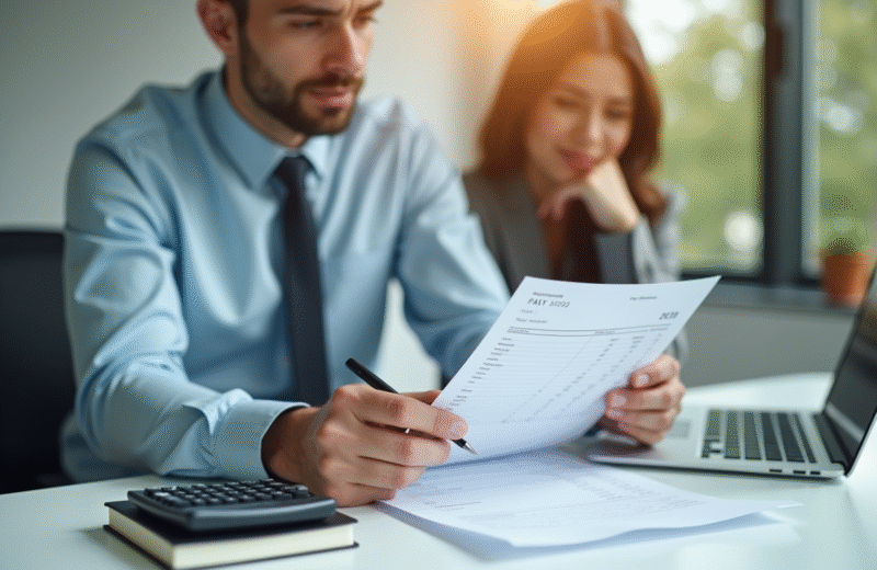 Jeune professionnel examine une fiche de paie dans un bureau lumineux