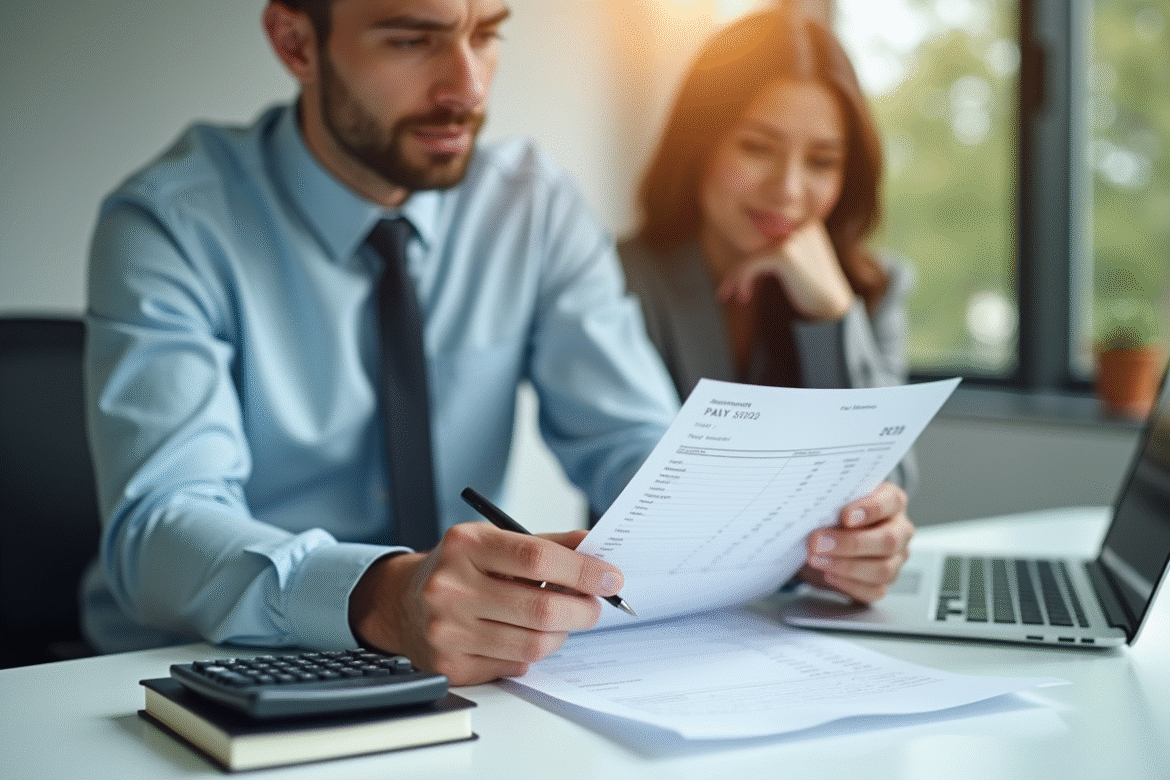 Jeune professionnel examine une fiche de paie dans un bureau lumineux