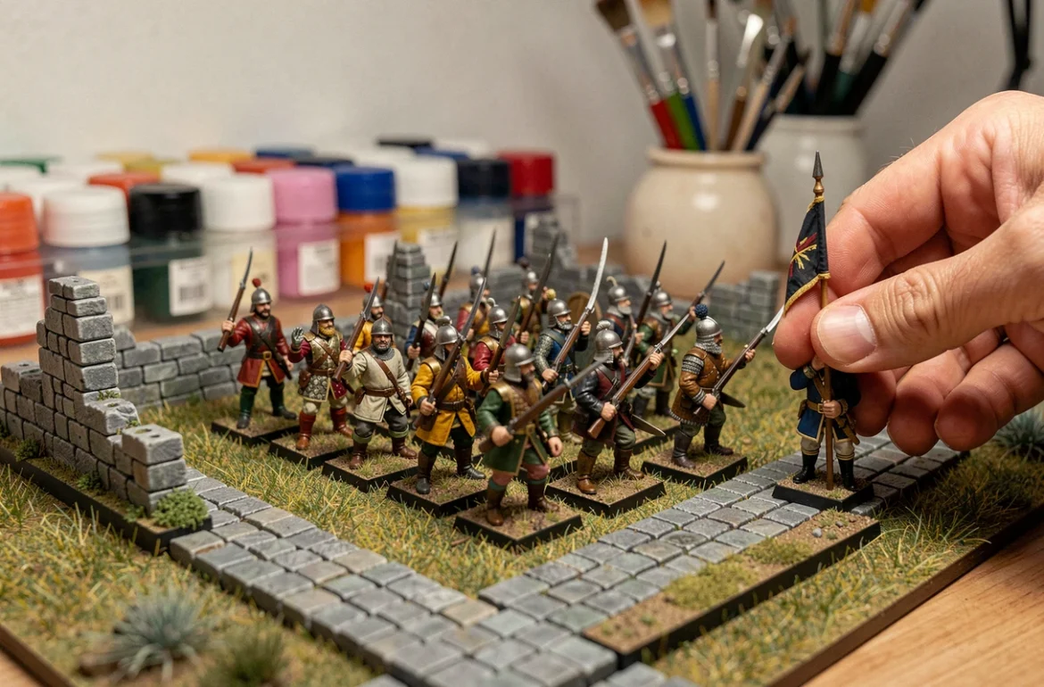 Gros plan sur des figurines militaires miniatures peintes à la main disposées en formation défensive sur un plateau de war game