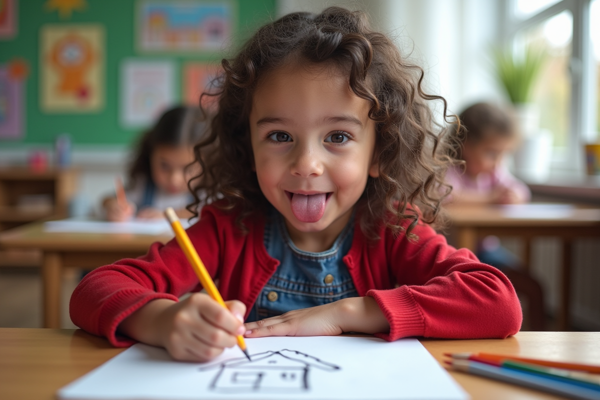 Fille de 6 ans dessinant une maison dans une classe lumineuse