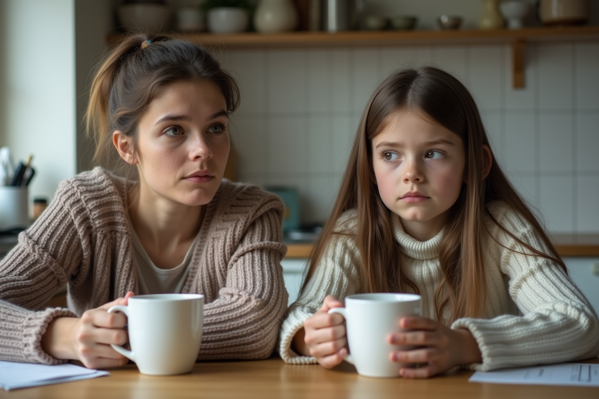 Jeune femme et préadolescente assises à la table de cuisine