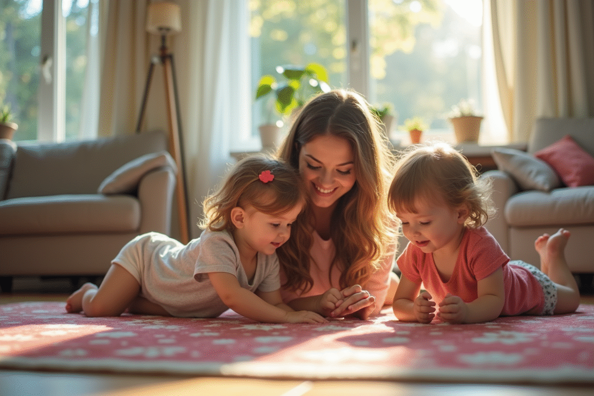 Jeune femme souriante jouant avec deux enfants dans un salon lumineux