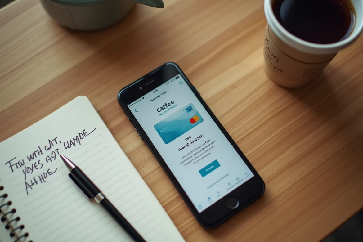 Flat-lay de smartphone affichant un code de rachat avec carnet de notes et stylo sur une table en bois