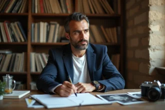 Georges Maroun Kikano alias GMK assis dans son studio créatif à Beyrouth, entouré de photographies et de notes manuscrites