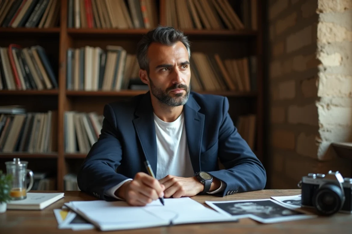 Georges Maroun Kikano alias GMK assis dans son studio créatif à Beyrouth, entouré de photographies et de notes manuscrites