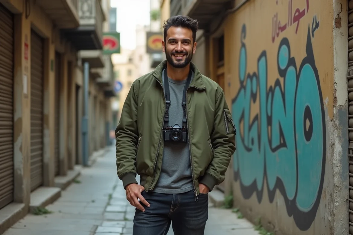 GMK Georges Maroun Kikano posant dans une ruelle de Beyrouth avec son appareil photo argentique autour du cou