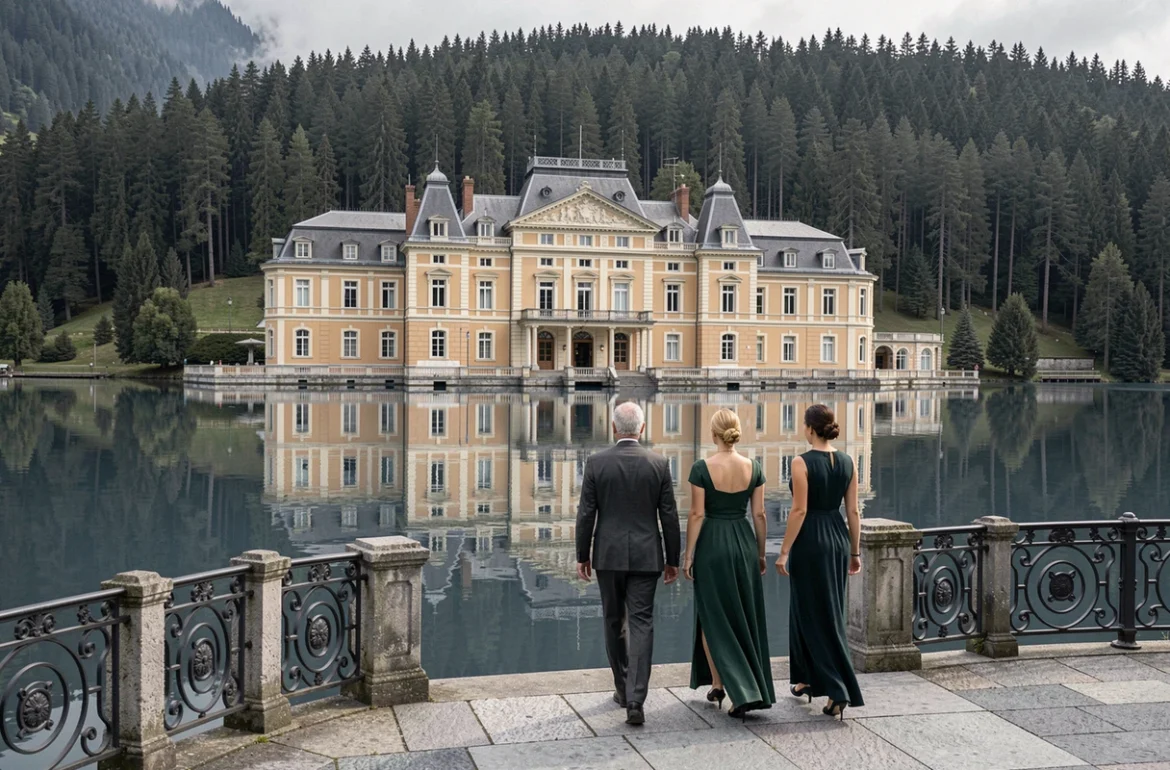 Façade Belle Époque du Grand Hôtel Gérardmer reflétée dans le lac avec couple élégant sur la promenade en pierre