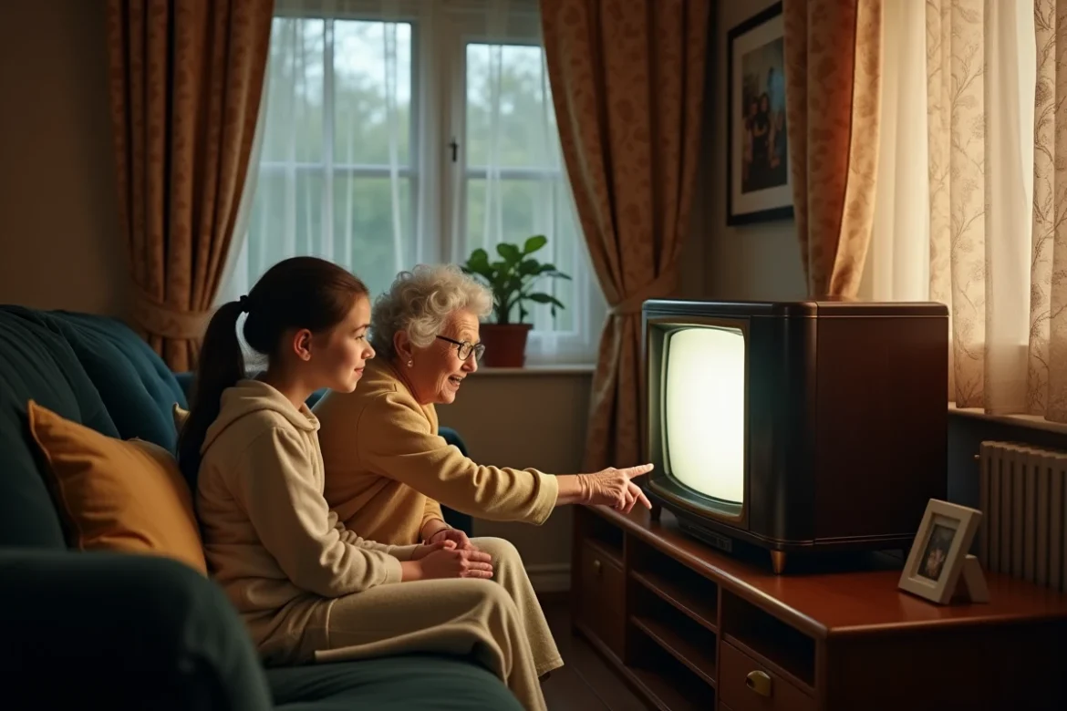 Adolescente et sa grand-mère regardant ensemble la télévision un après-midi pluvieux dans un salon chaleureux et familial