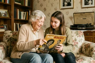 Grand-mère et petite-fille partageant un vinyle des années 60 sur un canapé fleuri dans un salon français chaleureux