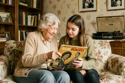 Grand-mère et petite-fille partageant un vinyle des années 60 sur un canapé fleuri dans un salon français chaleureux