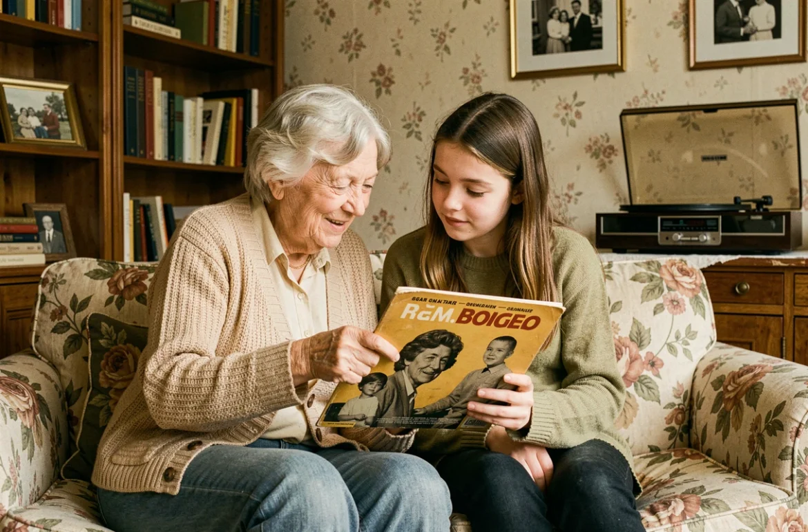 Grand-mère et petite-fille partageant un vinyle des années 60 sur un canapé fleuri dans un salon français chaleureux