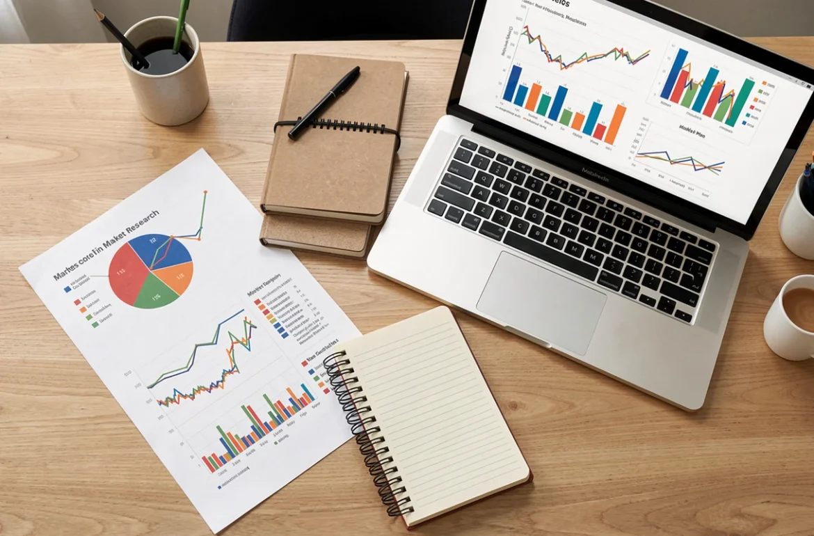 Graphiques d'étude de marché et ordinateur portable sur un bureau