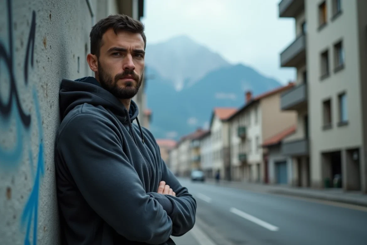Un homme en sweat à capuche s'appuie sur un mur tagué dans un quartier défavorisé de Grenoble, avec le massif du Vercors visible en arrière-plan