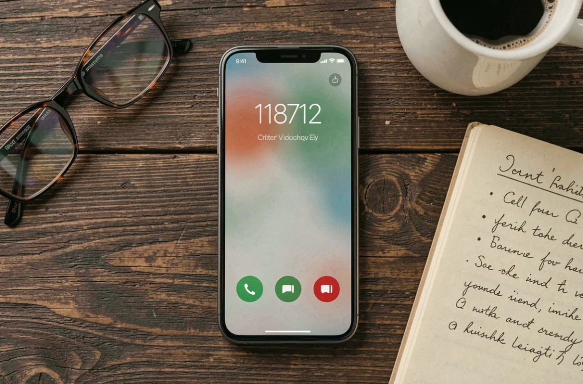Gros plan d'un smartphone affichant un appel entrant depuis le numéro 118712 posé sur un bureau en bois avec carnet de notes