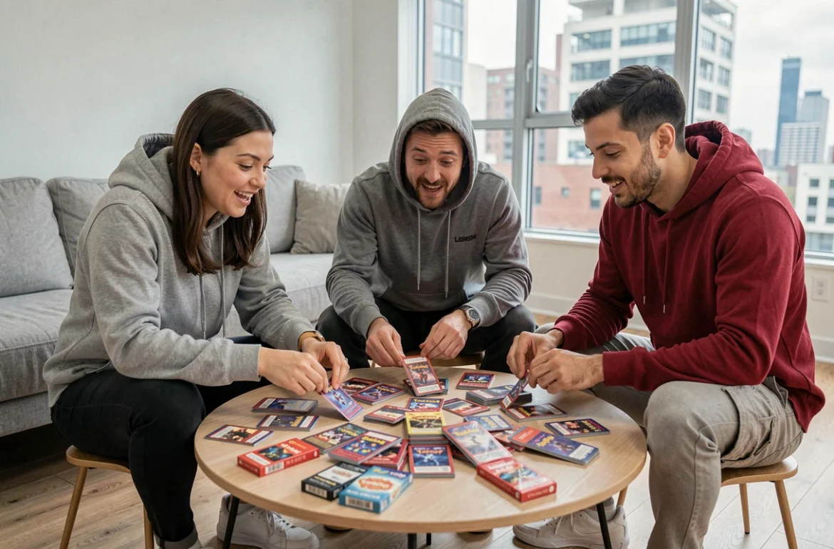 Groupe d'adultes triant des boosters Pokémon Aventure Ensemble autour d'une table basse dans un appartement moderne