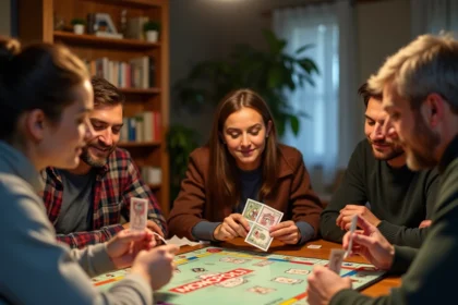 Groupe d'adultes jouant au Monopoly autour d'une table en bois avec billets et cartes de propriété en main