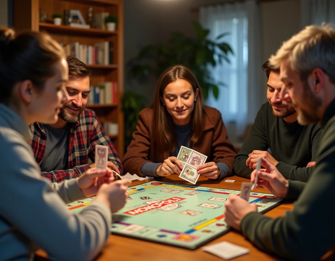 Groupe d'adultes jouant au Monopoly autour d'une table en bois avec billets et cartes de propriété en main