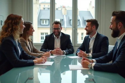 Groupe de millennials souriants dans un bureau parisien