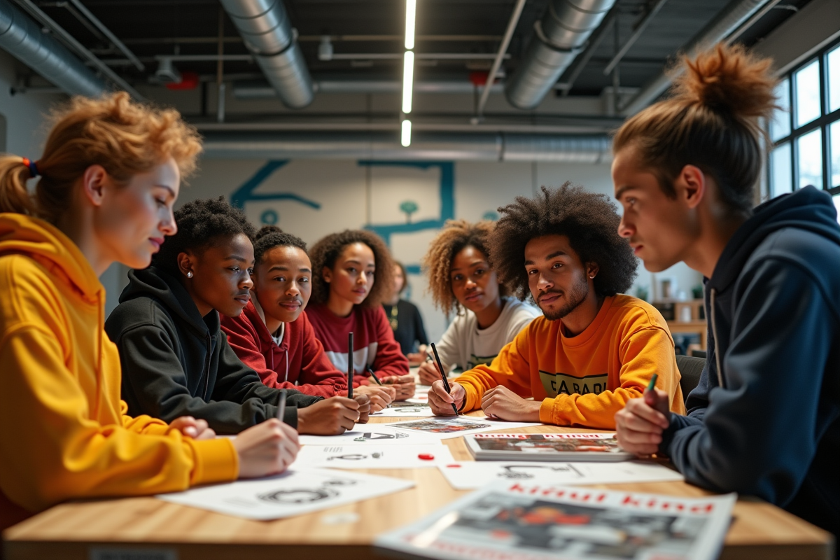 Groupe de jeunes créateurs de streetwear en atelier