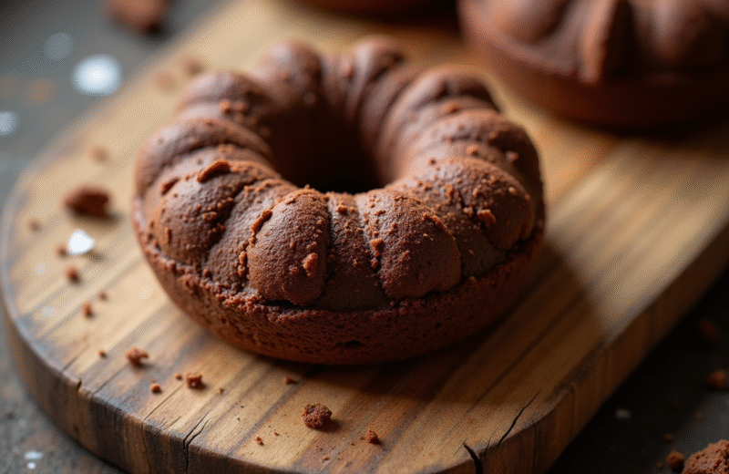 Gâteau chocolat craquelin frais sur planche en bois