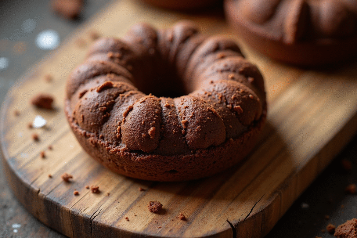 Gâteau chocolat craquelin frais sur planche en bois