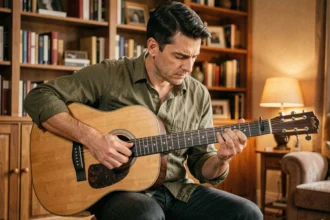 Guitariste adulte concentré sur les accords d'une guitare classique dans un salon chaleureux, illustrant les erreurs de jeu courantes sur les chansons de Francis Cabrel