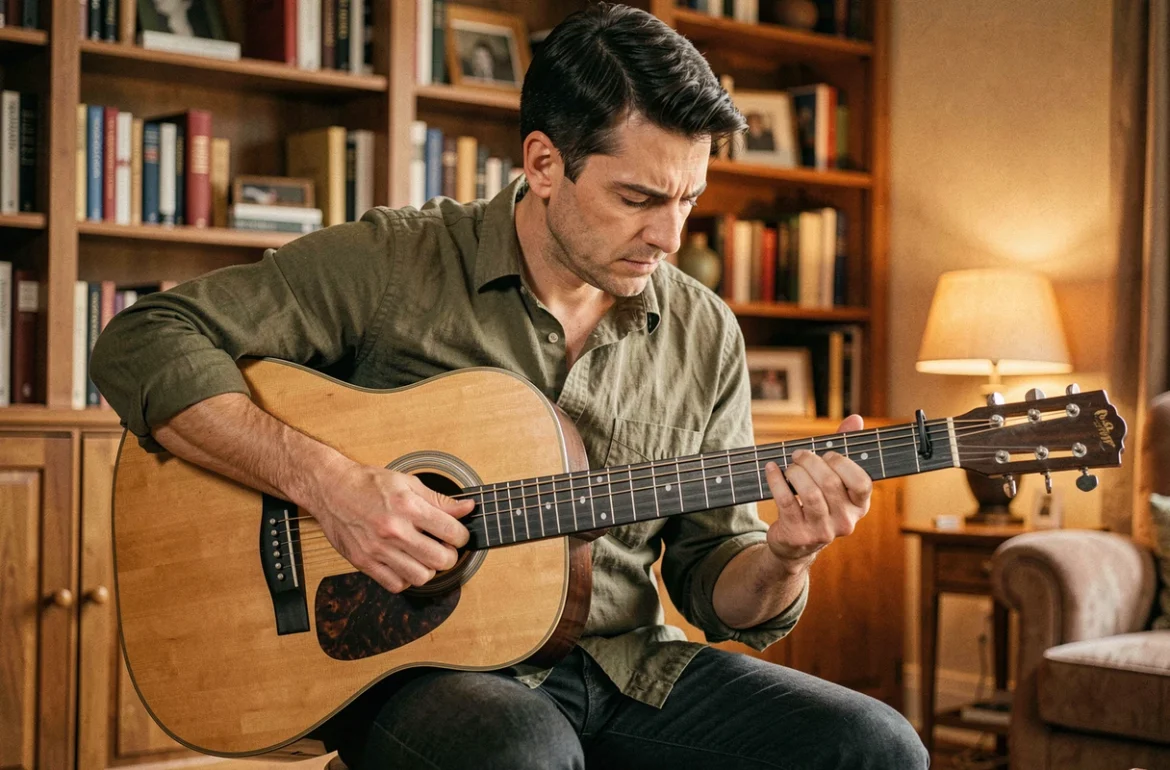 Guitariste adulte concentré sur les accords d'une guitare classique dans un salon chaleureux, illustrant les erreurs de jeu courantes sur les chansons de Francis Cabrel