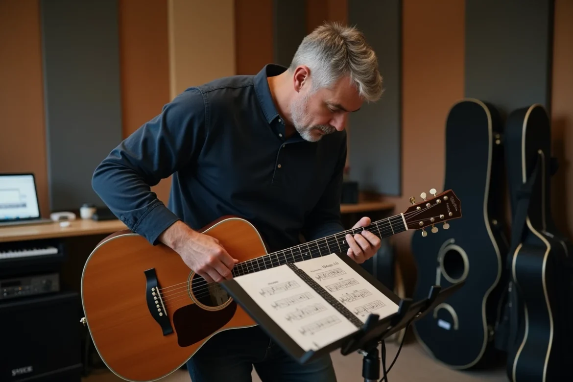 Guitariste adulte étudiant les accords et arpèges de Je Te Promets sur partition dans un studio d'enregistrement maison