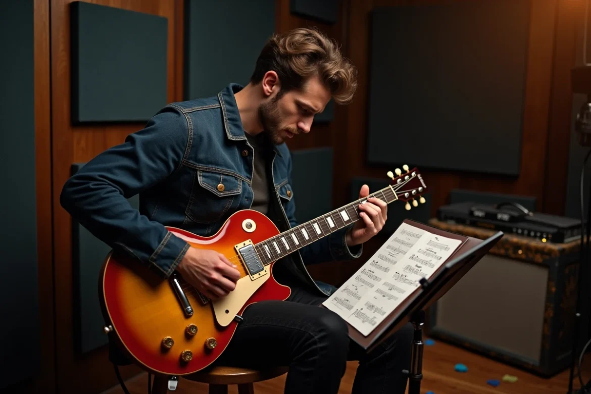 Guitariste électrique en studio lisant une tablature manuscrite de Mistral Gagnant sur un pupitre