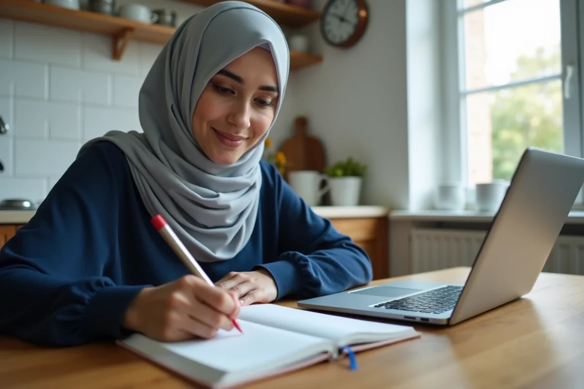 Femme notant les heures de prière d'Argenteuil dans un journal depuis un site internet vérifié
