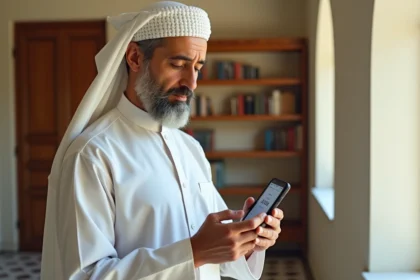 Homme consultant les horaires de prière sur une application mobile dans une mosquée d'Argenteuil