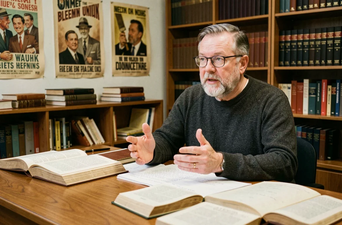 Historien assis à son bureau universitaire entouré de livres sur l'antifascisme et l'histoire politique européenne