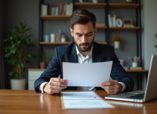 Homme en costume analysant un certificat de bourse dans un bureau moderne