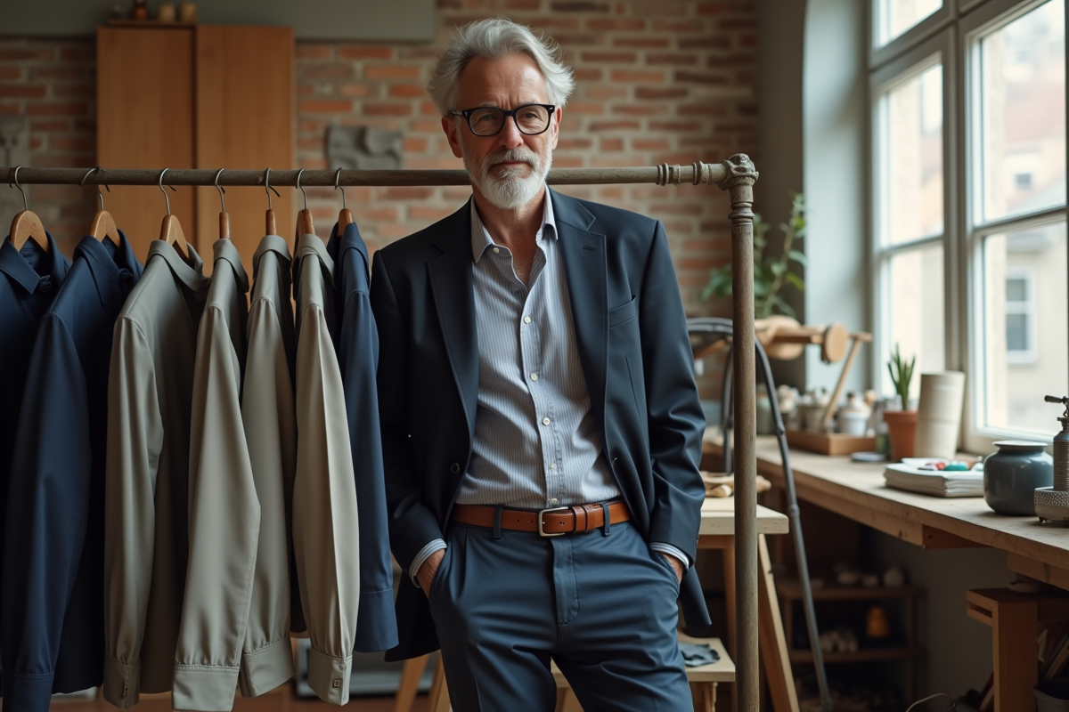 Homme arrangeant ses vêtements dans un atelier lumineux et authentique