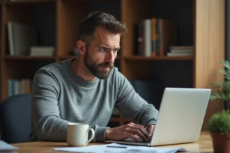 Homme sceptique lisant des avis en ligne sur son ordinateur portable dans un bureau à domicile, illustrant les risques cachés des plateformes numériques