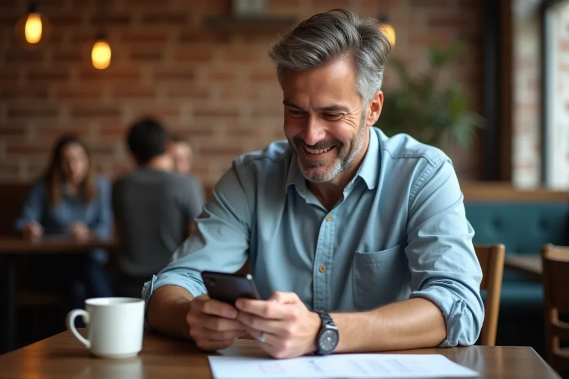 Homme consultant Wikipédia sur smartphone dans un café pour préparer une question de culture générale en QCM