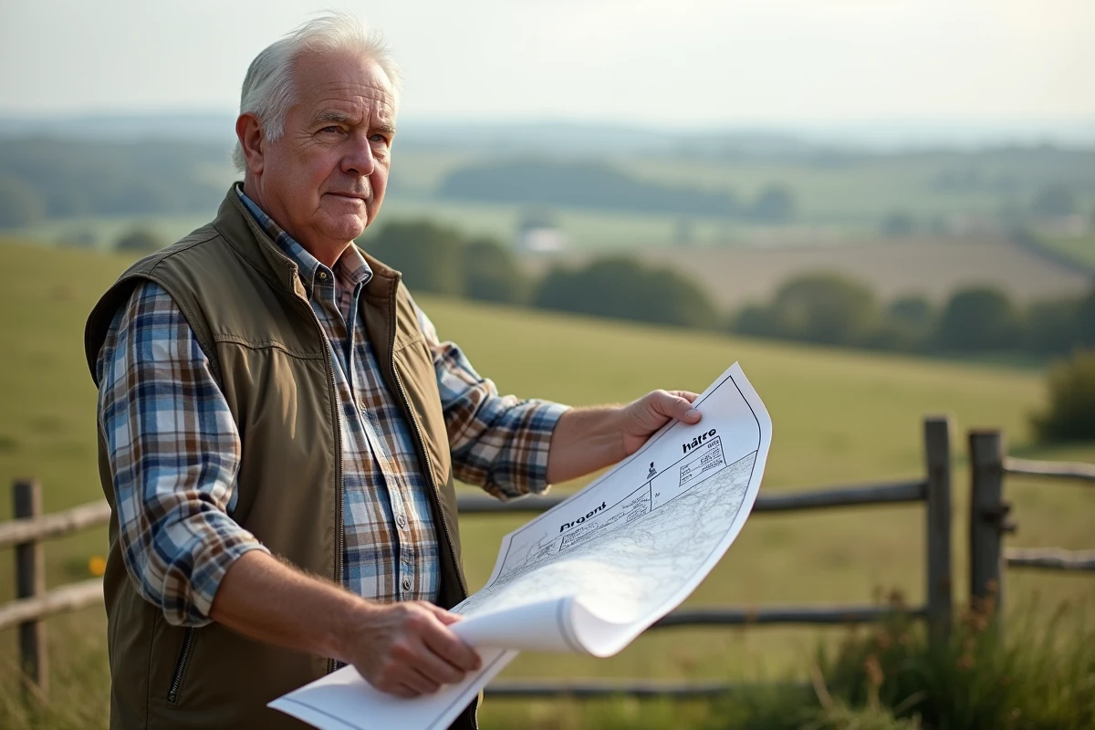 Homme consulte une carte cadastrale en plein air à la campagne