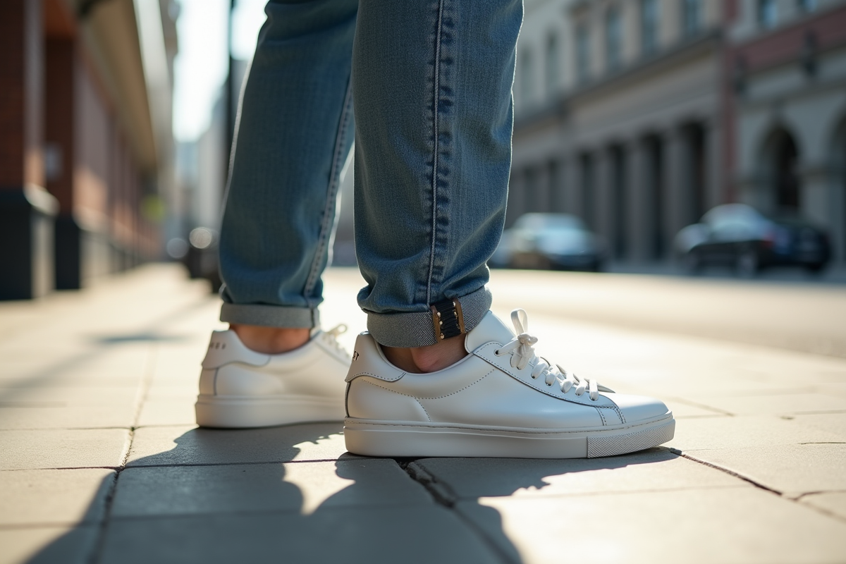 Homme portant des sneakers blanches dans la ville en plein air