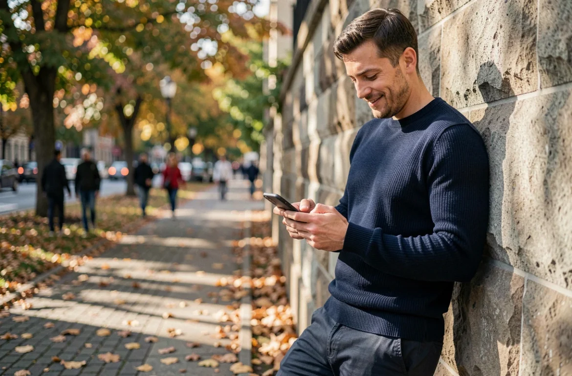 Homme lisant une citation sur son smartphone appuyé contre un mur en pierre dans un parc urbain en automne
